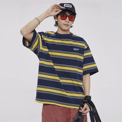 Fashion Personality Striped Short-sleeved T-shirt For Men And Women Navy Blue Stripes MuddyStock