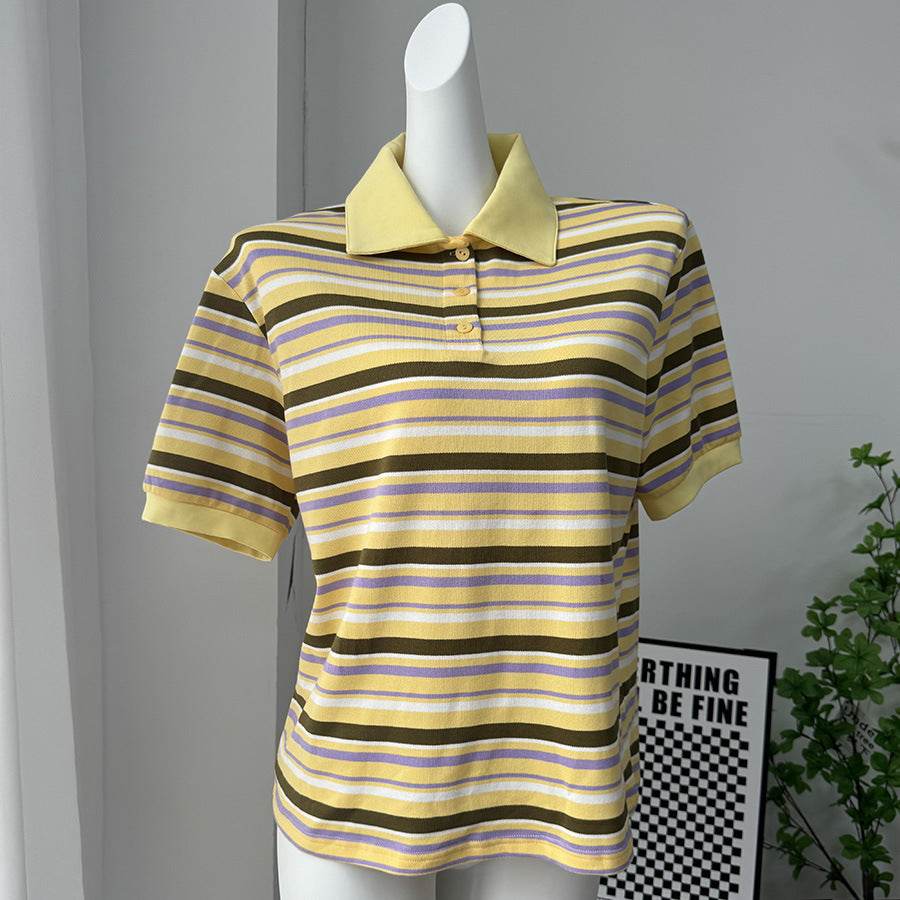 Stripe Polo Loose Fit Short Sleeve T-Shirt for Women | MuddyStock Originals Yellow MuddyStock