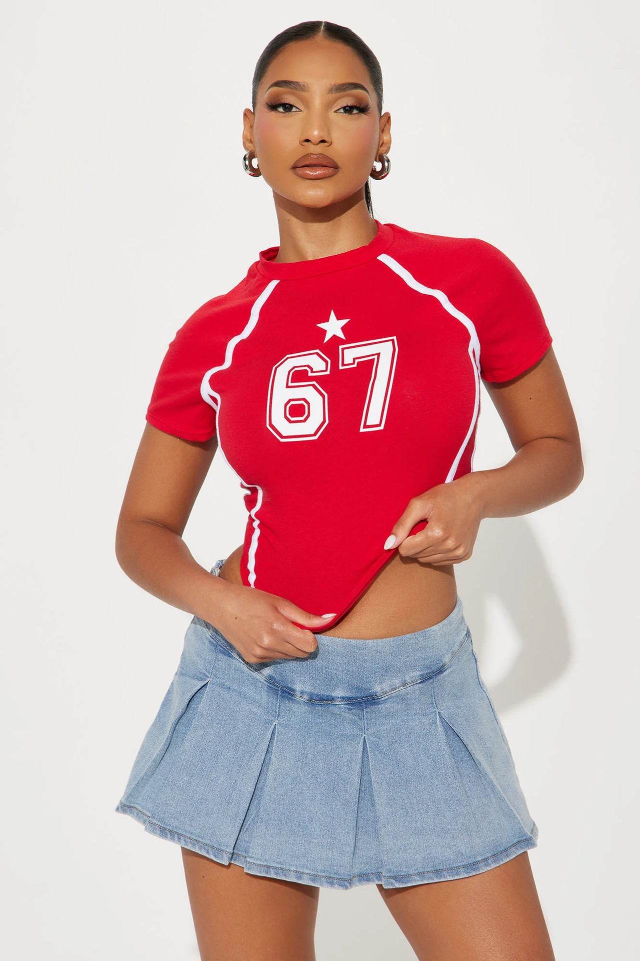 Women's Round Neck Letter Print Short Sleeve Fitted Crop Top | MuddyStock Originals Red MuddyStock