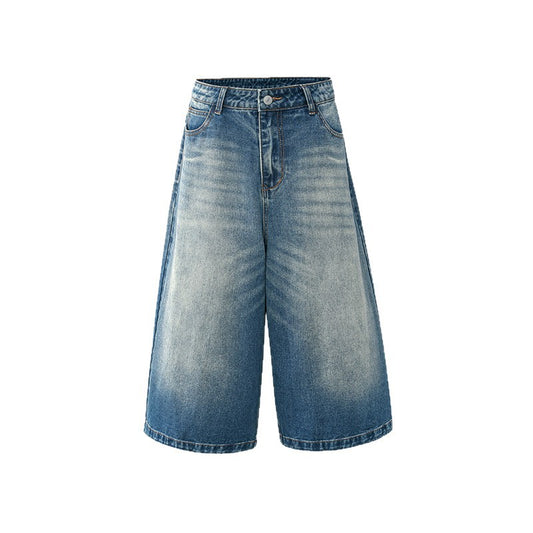 Women's Washed Seven-Quarter Denim Pants Loose Straight Wide-Leg Mid-Length Trousers