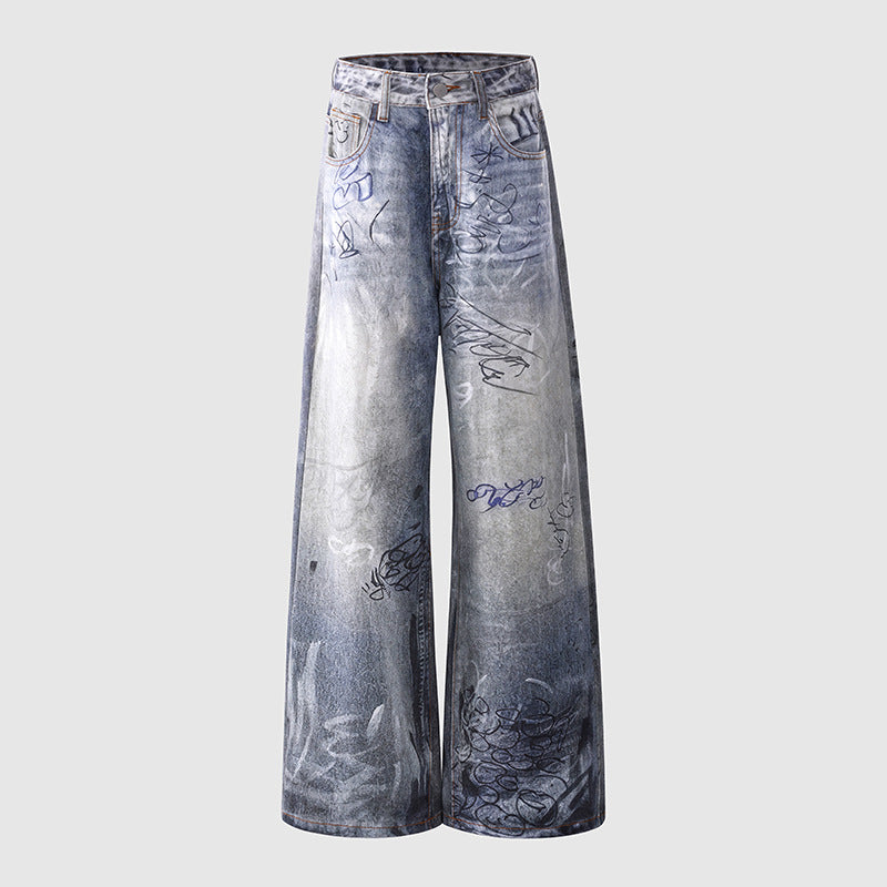 Graffiti Distressed High Waist Wide Leg Jeans For Women | MuddyStock Originals
