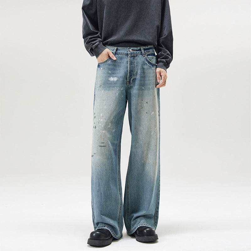 American-style Splash-ink Washed Loose Jeans For Men Ice Blue MuddyStock