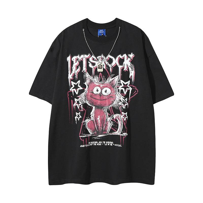 Streetwear Cartoon Cat Graffiti Letter T-Shirt with Necklace For Men And Women | MuddyStock Originals Black MuddyStock