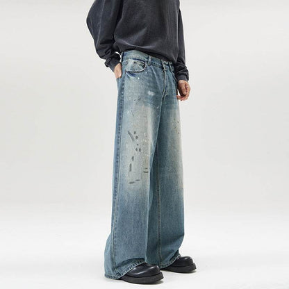 American-style Splash-ink Washed Loose Jeans For Men MuddyStock
