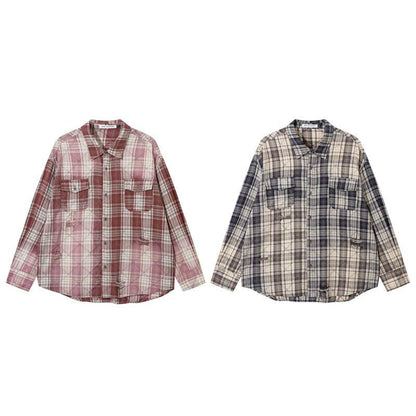 Dip-Dyed Washed Faded Plaid Shirt with Ripped For Men And Women | MuddyStock Originals MuddyStock