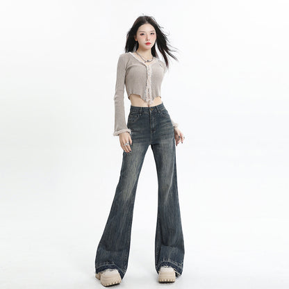 Wide Leg Flared High Waist Long Length Loose Fit Raw Hem Denim Jeans for Women | MuddyStock Originals