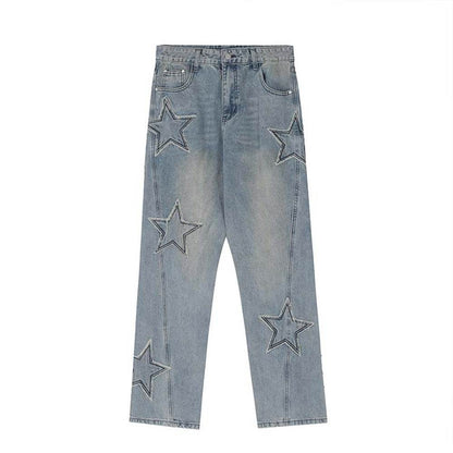 Street Trend Patch Pentagram Cat Whisker Embroidered Jeans Women Blue MuddyStock