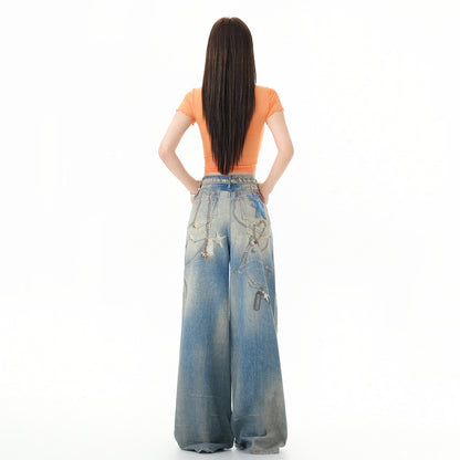 Chain Print Loose Wide Leg Denim Jeans For Women | MuddyStock Originals