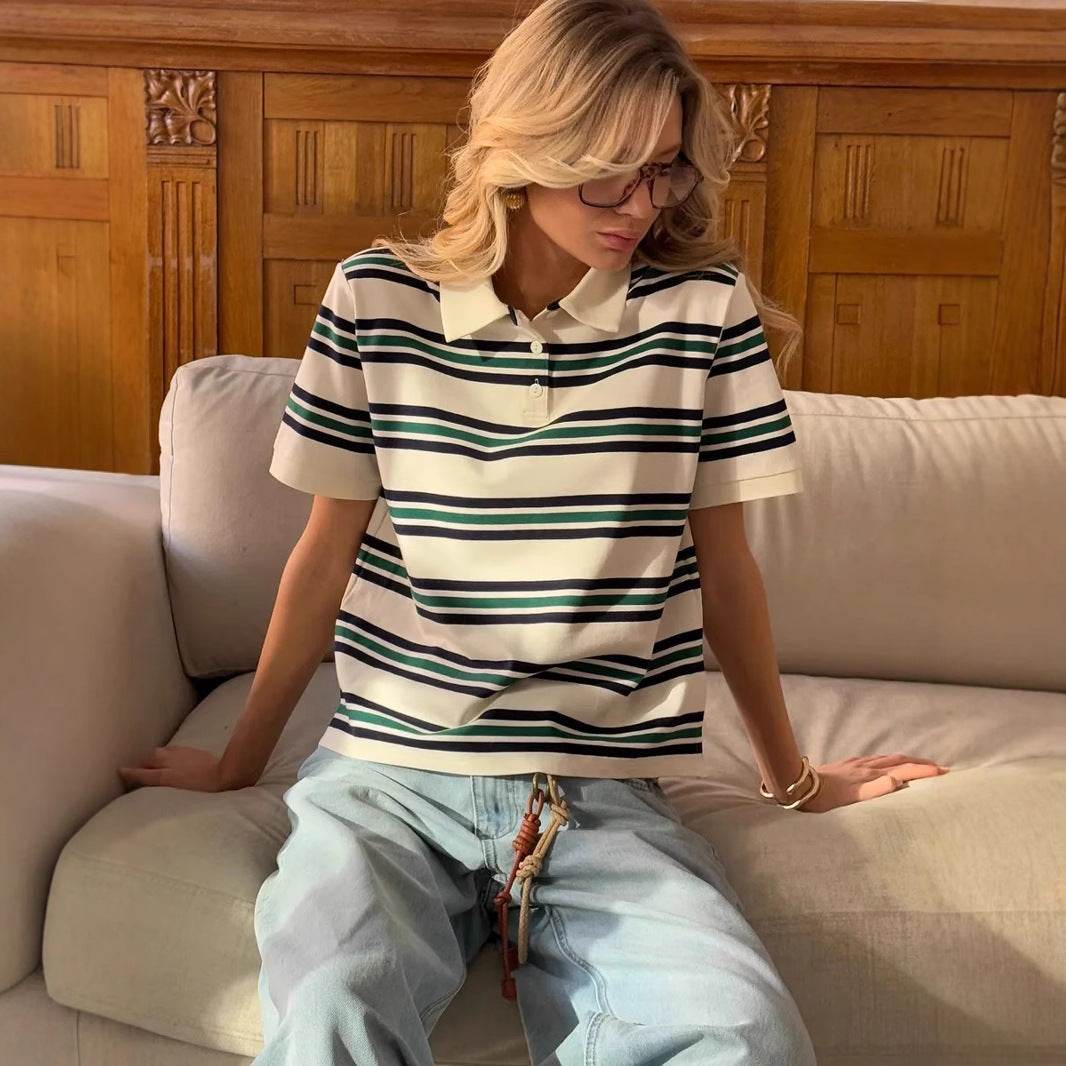 Stripe Polo Loose Fit Short Sleeve T-Shirt for Women | MuddyStock Originals Off-white MuddyStock