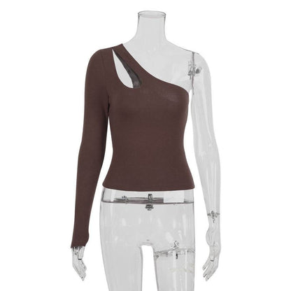 Slanted Shoulder Asymmetric Hollow Long-sleeved Bottoming Top MuddyStock