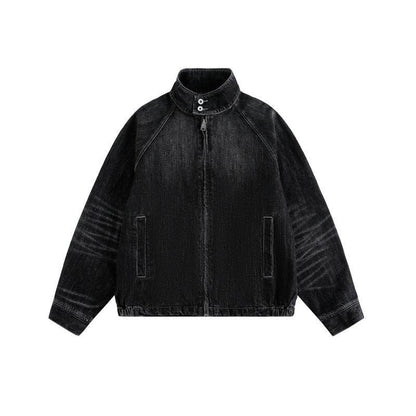 Streetwear Washed Faded Stand Collar Zipper Loose Denim Jacket For Men And Women | MuddyStock Originals Black MuddyStock