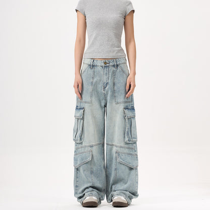 Light Wash Heavy Duty Cargo Denim Pants for Men and Women with Multiple Pockets