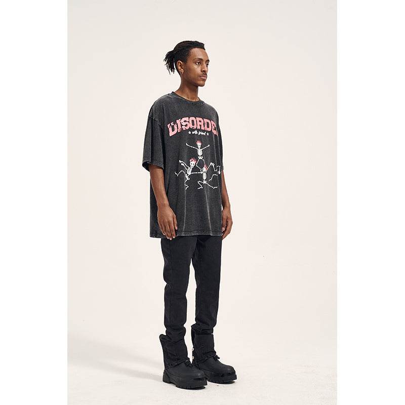 Vintage High Street Washed Old Bone Print Oversized Men's T-Shirt Black MuddyStock