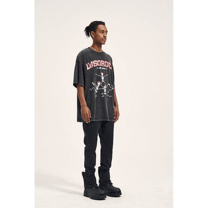 Vintage High Street Washed Old Bone Print Oversized Men's T-Shirt Black MuddyStock