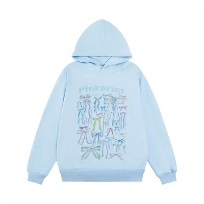 Bow Graffiti Printed Hoodie For Women Blue MuddyStock