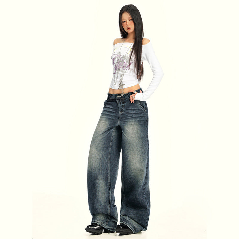 Women's Washed Straight Jeans  Loose Floor-Length Wide-Leg Pants