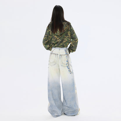 Graffiti Heart Bear Chain Curved Knife Pants High Street Loose Wide Leg Jeans for Women