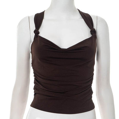 Women's Summer Pleated Cross-Back Short Crop Tank Top | MuddyStock Originals Brown MuddyStock