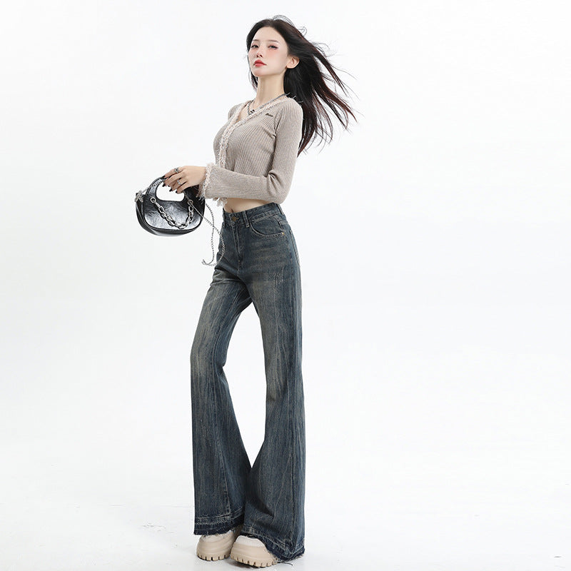 Wide Leg Flared High Waist Long Length Loose Fit Raw Hem Denim Jeans for Women | MuddyStock Originals