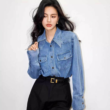 Premium blue shirt washed denim casual loose patchwork | MuddyStock Originals MuddyStock