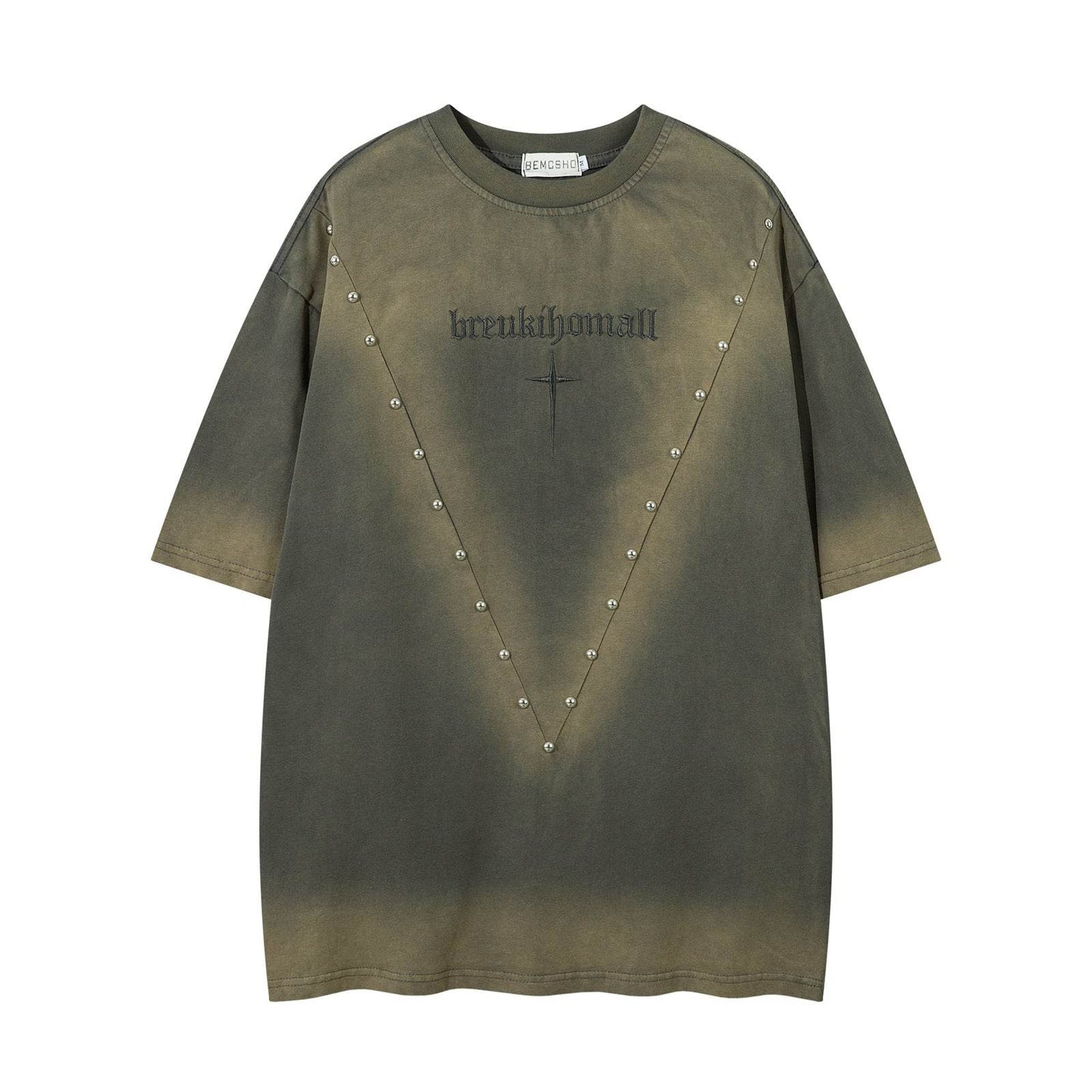 Streetwear Washed Beaded Short Sleeve T-Shirt For Men And Women | MuddyStock Originals Gray-green MuddyStock