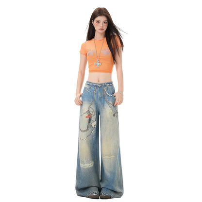 Chain Print Loose Wide Leg Denim Jeans For Women | MuddyStock Originals