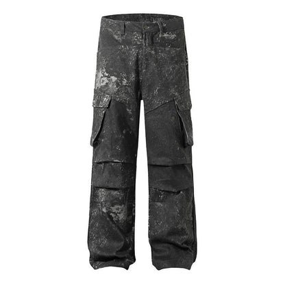 High Street American Splash-ink Distressed Pleated Multi-pocket Cargo Pants For Men And Women Camouflage MuddyStock