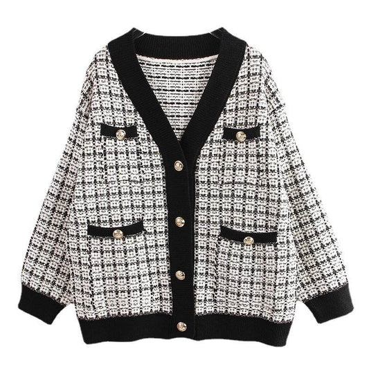 Knitted Jacket Women's Cardigan Plaid Loose Thickening Small Fragrance Style Foreign Style MuddyStock