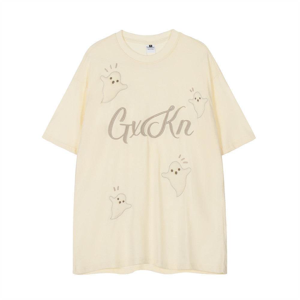 Little Devil Embroidered Casual Short Sleeve T-shirt For Men And Women Apricot MuddyStock