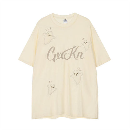 Little Devil Embroidered Casual Short Sleeve T-shirt For Men And Women Apricot MuddyStock