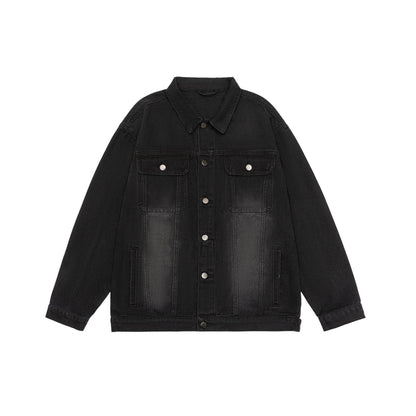 American Retro Washed Denim Jacket Fall And Winter Lapels Jacket Black MuddyStock