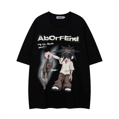Fashion Cartoon Anime Print Short Sleeve For Men And Women Black MuddyStock