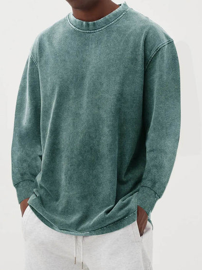 Washed Old Solid Color Men's Long-sleeved T-shirt Emerald Green MuddyStock