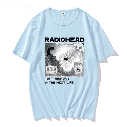 Fun Band Print Pattern Round Neck Short Sleeve Men's Light Blue MuddyStock