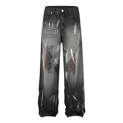 Retro Washed Distressed Graffiti Stitching Jeans Wide-leg Straight Trousers MuddyStock