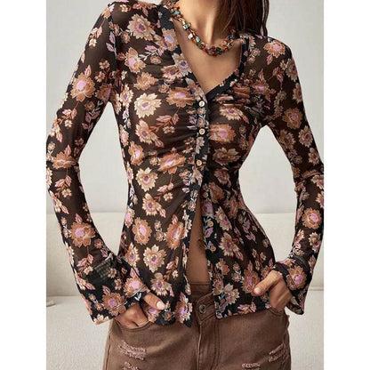 Women Button Down Long Sleeve V Neck Ruched Fitted Top MuddyStock