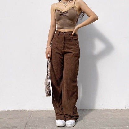 Retro Solid Corduroy High Waist Wide Leg Casual Women's Pants MuddyStock