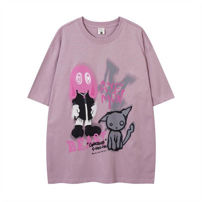 Short-sleeved Hand-painted Abstract Pattern T-shirt For Women Purplish Red MuddyStock